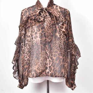 ShopEvelynne Leopard Print Ruffled Sheer Blouse in Brown and Black